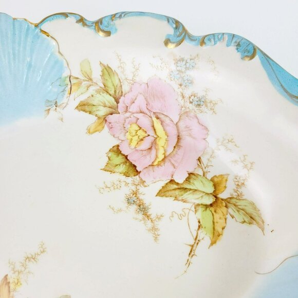 Antique Shabby Chic Porcelain Blue Shell Pink Floral Bowl c1900-16 La Francaise - Picture 4 of 12
